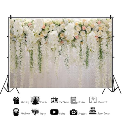 6x4ft Wedding Backdrop White Curtain Floral Wedding Ceremony Photography Background Bridal Shower Party Decor Lover Engagement Proposal Prom Banner Newborn Baby Shower Party Vinyl Wallpaper - size: 6 x 4 ft