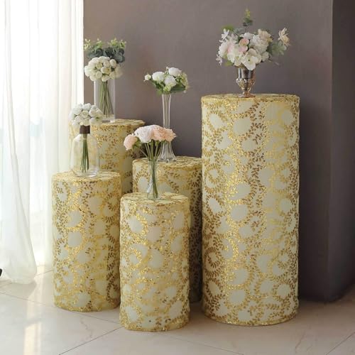 Efavormart Set of 5 Gold Sequin Mesh Cylinder Display Box Stand Covers with Leaf Vine Embroidery, Sparkly Sheer Tulle Pedestal Pillar Prop Covers - color: Gold, size: Sequin Mesh Cylinder Covers - Leaf Pattern