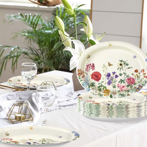 50Pcs Wild Flower Oval Paper Plates 10" x 12" Large Heavy Duty Disposable Vintage Wildflower Platters Spring Floral Dessert Plates for Wedding Bridal Baby Shower BBQ Tea Dinner Party Supplies - style: 50Pcs Vintage Floral Oval Paper Plates
