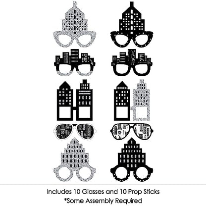 Big Dot of Happiness Nighttime City Skyline Glasses - Paper Card Stock New York Party Photo Booth Props Kit - 10 Count