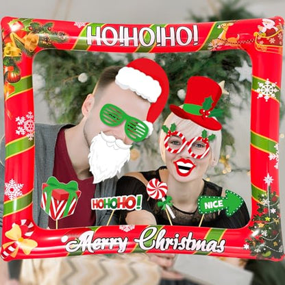 Christmas Photo Booth Props Inflatable Frame, 32Pcs Christmas Party Photo Booth Props with Inflatable Picture Frame Large for Xmas Holiday Party Selfie Supplies - color: Christmas