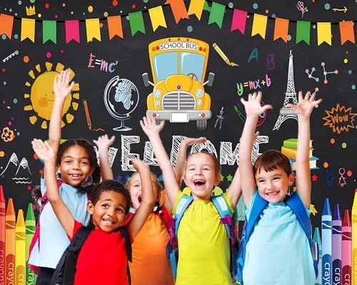 Welcome Back to School Backdrop 10x8ft Cartoon School Bus Photo Background for Photoshoot Fabric Photography Backdrop Online Teaching Background Teachers Students Photocall Backdrop - color: School Bus, size: 10x8ft