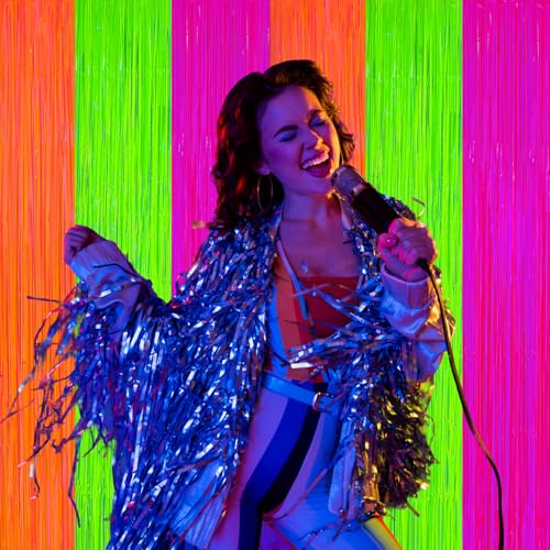 2 Pack Glow in The Dark Party Curtains Streamers, Neon Party Decorations Fluorescent Macaron Colorful Tinsel Foil Fringe Curtains, Photo Booth Prop Backdrop Streamers, Birthday Halloween Party Decor - color: Fluorescent Macaron Colorful