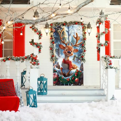 FINGOOO Christmas Door Cover Reindeer Decorations, 6Ft x 3Ft Cute Front Door Xmas Decorations Festive Fabric Door Covers Photo Booth Props