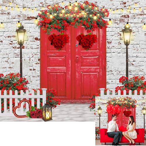 Valentines Backdrop 10x8ft Red Rose Love Heart White Brick Wall Red Door Photography Background Happy Valentine's Day Wedding Bridal Shower Anniversary Party Photo Booth Props