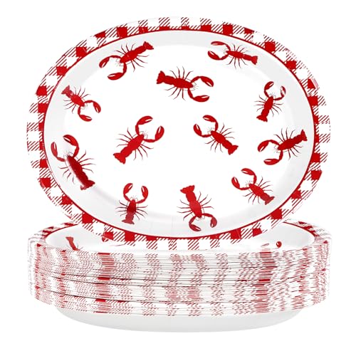 Grencian 50Pcs Crawfish Boil Oval Paper Plates 10" X 12" Disposable Red Grid Pattern Crawfish Party Plates Crawfish Tableware for Lobster BBQ Gathering Picnic Cookout Carnival Birthday Decorations - style: 50Pcs Crawfish Oval Kit