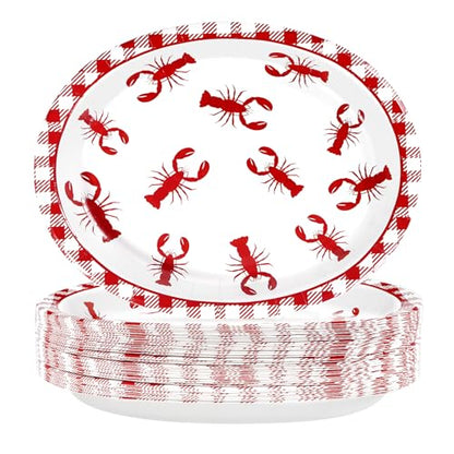Grencian 50Pcs Crawfish Boil Oval Paper Plates 10" X 12" Disposable Red Grid Pattern Crawfish Party Plates Crawfish Tableware for Lobster BBQ Gathering Picnic Cookout Carnival Birthday Decorations - style: 50Pcs Crawfish Oval Kit