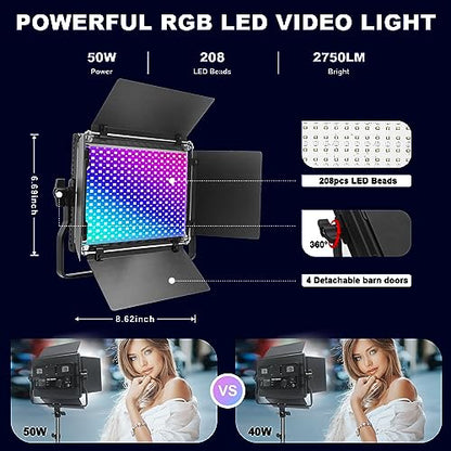 2Pcs 50W Professional Photography Lighting Kit with Stand, Support APP Control, 1500 Lux/1m, 360°Full Color, 2500K-8500K Dimmable, 49 Scene Modes, CRI 96+ TLCI>97 CQS 96+ for Studio/Streaming