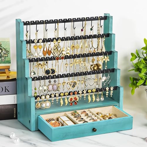Pinzoveco Earring Organizer, 5 Layer Earring Holder Organizer with Necklace Holder Pole, Rustic Wood Jewelry Organizer Stand Display for Stud Earring Bracelet Necklace Ring, 175 Earring Holes - color: Teal