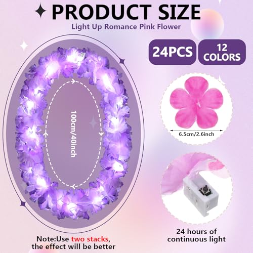 Sherr 24 Pcs LED Light Pink Purple Leis Light up Wedding Hawaiian Leis Flower Necklace with LED Lights Beach Tropical Carnival Party Wedding Supplies Luau for Masquerade - color: Multi Purple