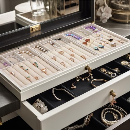 Highergo 8 Pcs Velvet Jewelry Trays Stackable Drawers Organizer Ring Earring Bracelet Necklace Storage Trays, 8.3x4.7x1''(3 Grids,7 Slots) - style: 3 Grids,7 Slots