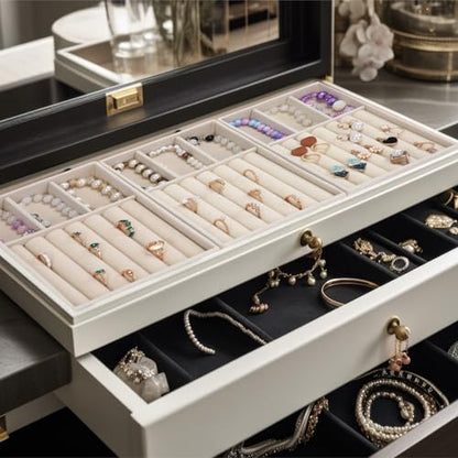 Highergo 8 Pcs Velvet Jewelry Trays Stackable Drawers Organizer Ring Earring Bracelet Necklace Storage Trays, 8.3x4.7x1''(3 Grids,7 Slots) - style: 3 Grids,7 Slots