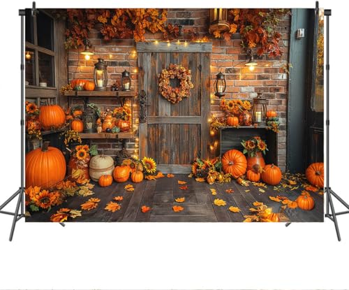 Mocsicka Fall Thanksgiving Photography Backdrop Autumn Pumpkin Harvest Barn Background Fall Maple Leaves Rustic Wooden Garland Pumpkin Party Banner Decorations Photoshoot Studio (5x3ft) - size: 5x3ft