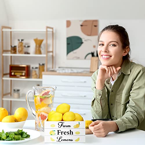 Marsui Lemon Decor Set Mini Wooden Crate with 8 Fake Lemon for Home Kitchen Farmhouse Rustic Summer Tiered Tray Decor Table Decorations Summertime Party Centerpiece