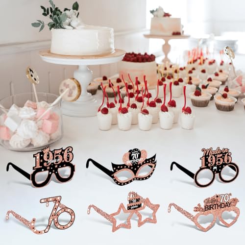 Turypaty 12Pcs 1956 70th Birthday Paper Glasses Decorations for Women - Rose Gold Happy 70th Birthday Paper Eyeglasses Photo Props Gifts, Vintage 1956 70 Years Old Birthday Party Supplies - style: Rose Gold 70th