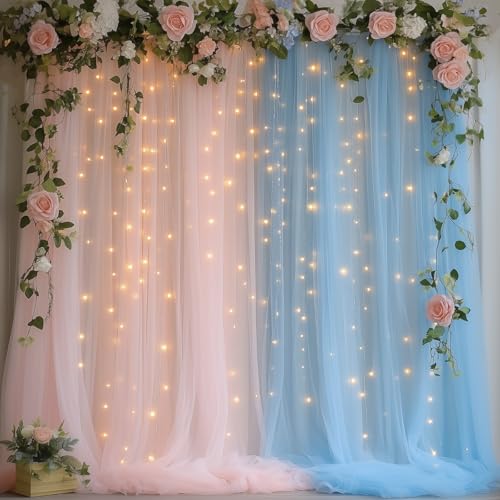Pink and Blue Tulle Backdrop Curtain with Lights - 10x10ft Sheer Backdrop with 300 LEDs for Wedding, Baby Shower, Bridal Shower, Birthday Party Photo Shoot Background and Home Decorations - color: Pink and Blue, size: 10 x 10 Feet