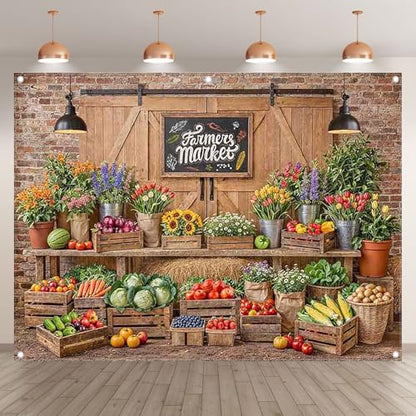 8x6ft Fabric Farmers Market Backdrop Fresh Vegetables Flowers Wooden Barn Spring Photography Background Baby Shower Birthday Party Decorations Photo Banner Props - size: 8'x6'