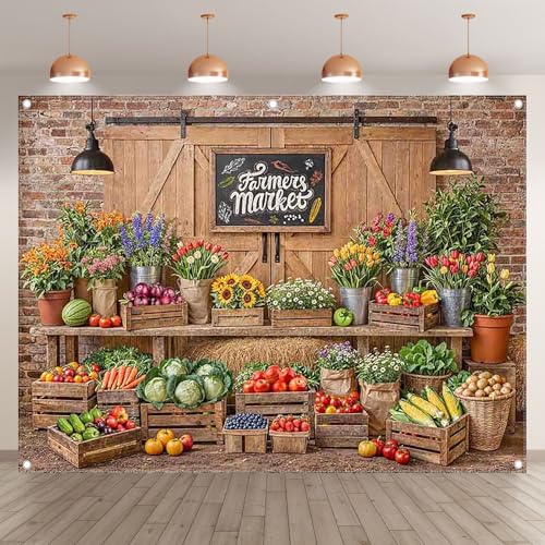 8x6ft Fabric Farmers Market Backdrop Fresh Vegetables Flowers Wooden Barn Spring Photography Background Baby Shower Birthday Party Decorations Photo Banner Props - size: 8'x6'