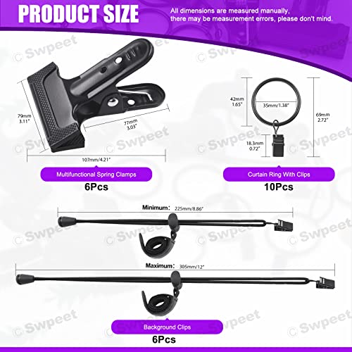 Swpeet 22Pcs Photography Backdrop Clips Clamps Assorments Kit, 10Pcs Curtain Rings with Clips, 6Pcs Backdrop Spring Clamps and 6Pcs Leather Background Clips Holder - size: No.2 Backdrop Clips Clamps