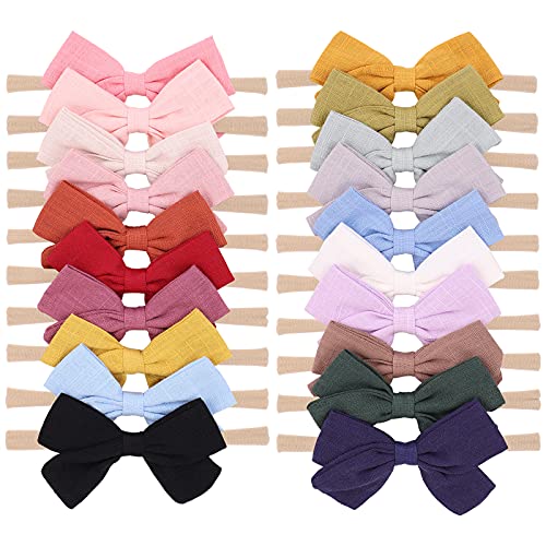 jollybows 20pcs Baby Girls Nylon Hair Bows Headbands Linen Hair Bands Elastic Hair Accessories for Kids Infants Newborn - color: 1- 20PCS baby bows