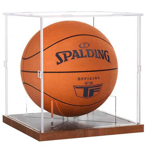 Fitense Basketball Display Case Acrylic Clear, UV Protected Basketball Stand Box Full Size with Solid Wood Base, Soccer Display for Autographed Standard NBA WNBA Ball Memorabilia Keepsake, Ideal Gift