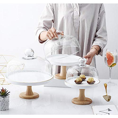 Food Covers,Splatter Covers,Wedding Cake Display Stands, Round Glass Dome Cover Cheese Dome Ceramic Trays with Wooden Base Bread Decoration Stands and Photo Props - size: 19.5cm