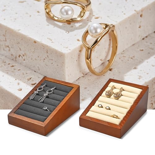 Oirlv Solid Wood Ring Tray Display Stand Slotted Jewelry Ring Showcase Display Jewelry Organizer Jewelry Holder for Trade Showcase(grey) - color: Wood grey