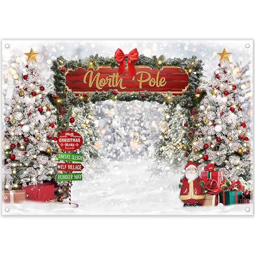 Fabric 8x6ft Merry Christmas Winter Bokeh Photography Backdrop North Pole Forest Snow Xmas Tree Background Santa Party Decoration Holiday Photo Banner Props - size: 8'x6'