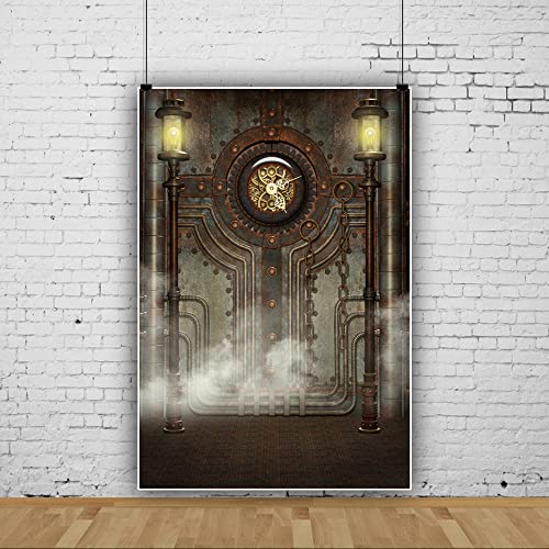 6x8ft Polyester Antique Steampunk Backdrop Vintage Industrial Gear Clock Old Metal Gearwheel Photography Background Steam Machine Nostalgia Iron Chain Pipelines Adult Photo Studio Prop - color: Black 10453, size: 6x8ft-Polyester
