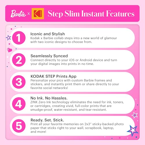 Kodak x Barbie Instant Smartphone Portable Photo Printer, Full Color, Wireless, Zink 2x3” (5.1x7.5 cm) Sticky-Back Photos, Print from iOS & Android Devices with Fun Editing App, Signature Style - color: Barbie Signature, style: Printer