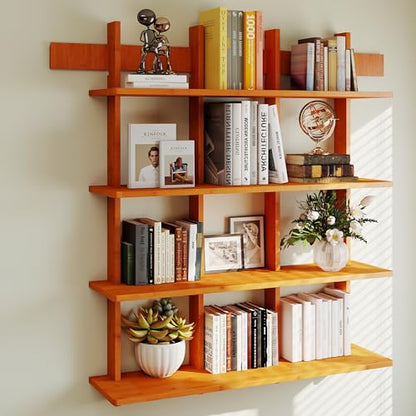 Bookshelf 4 Tier Wall Mounted Book Shelf, Space-Saving Floating Bamboo Bookcase Heavy Duty 600lbs, Storage Display Shelf for Living Room Bedroom Office, 43" W x 52" H