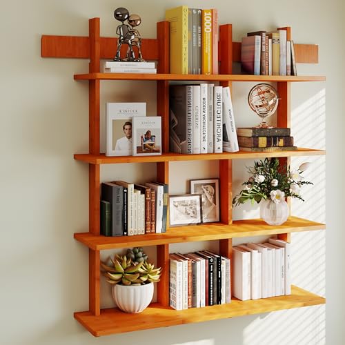 Bookshelf 4 Tier Wall Mounted Book Shelf, Space-Saving Floating Bamboo Bookcase Heavy Duty 600lbs, Storage Display Shelf for Living Room Bedroom Office, 43" W x 52" H