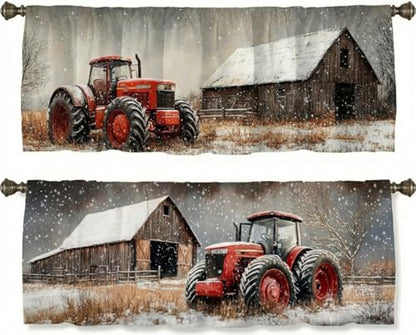 Tractor Barn Curtain, Two-Pack, Red Winter Farm Snow Rustic,Applicable to Bathroom, Bedroom, 54x18 inches. - color: Tractor Barn