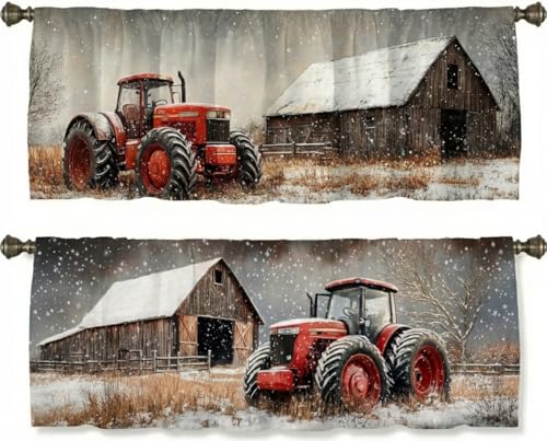 Tractor Barn Curtain, Two-Pack, Red Winter Farm Snow Rustic,Applicable to Bathroom, Bedroom, 54x18 inches. - color: Tractor Barn