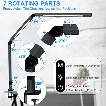 LED Desk Lamp with Clamp, Architect Desk Lamp with Dual Light and Adjustable Swing Arm, Clip-on Eye-Care 4 CCT Modes & 5 Brightness Levels Table Light Modern Computer Lighting for Home Office - color: Black+Touch