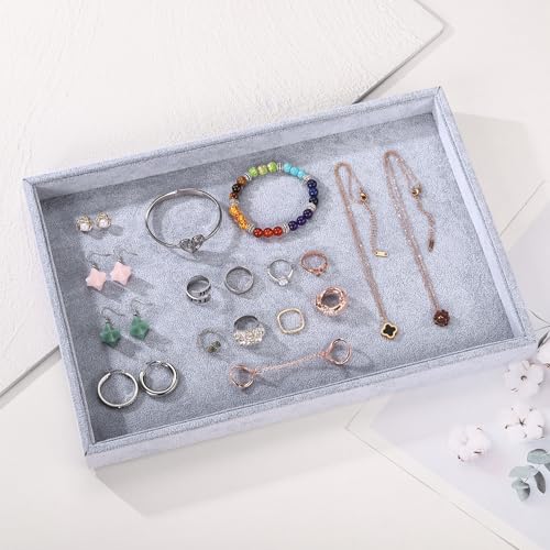 13.8" x 9.5" Velvet Jewelry Tray Jewelry Display Tray, Stackable Empty Plate Trays for Earrings Necklaces Bracelet Rings Display Showcase - Grey - color: Grey, size: Flat Tray 13.8"x9.5"