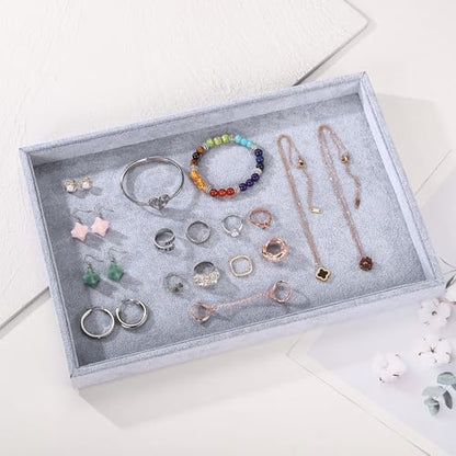 13.8" x 9.5" Velvet Jewelry Tray Jewelry Display Tray, Stackable Empty Plate Trays for Earrings Necklaces Bracelet Rings Display Showcase - Grey - color: Grey, size: Flat Tray 13.8"x9.5"