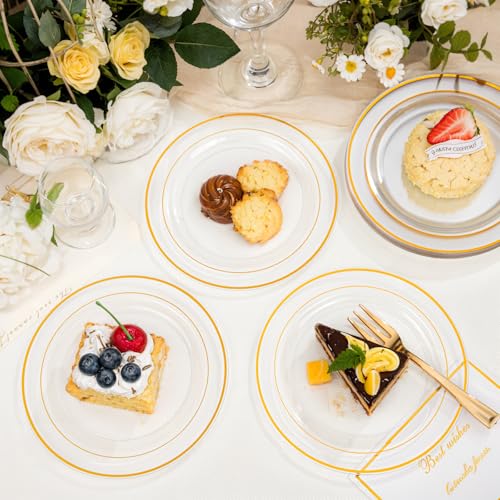 bUCLA 100 Pieces Clear Gold Plastic Plates Disposable - 6.25 Inch Clear Plastic Dessert Plates with Gold Trim for Party, Wedding & Thanksgiving - color: 6.25Inch-100pcs-Clear Gold