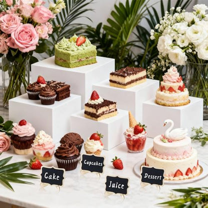 6Pcs White Acrylic Buffet Risers with Mini Sign, Food Risers for Buffet Table, Dessert Table Display Set, Display Stand Shelf for Party, Catering, Jewelry & Collectibles (3" 4" 5" 6" 7" 8" )