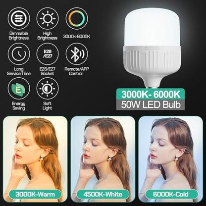 EMART Full Spectrum Light Bulb, 50W Dimming 3000K-6000K LED Lamp for Softbox Lighting Kit, Photography Studio, Home, Office, Garden, Grow Plant -1 Packs - size: 50W-1 Pack