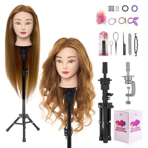 Mannequin Head with 80% Real Human Hair with Tripod Stand - 28" Cosmetology Manikin Doll Head for Hair Styling, Hairdressing Training Head for Braiding Practice Suitable for Hair Extensions - color: Blonde#27&Tripod Set