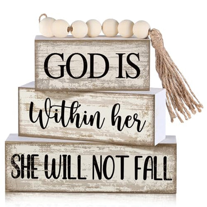 Lineshading 4 Pcs Christian Table Decor Rustic Wooden Block Sign Set with God Is Within Her She Will Not Fall Farmhouse Stacked Decor with Beaded Garland Tassel Christian Home Decors for Office, Shelf - style: Bead