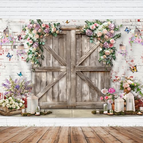 Rustic Wedding Backdrop 7Wx5H Feet Farmhouse Barn Door Flower Wooden Plank Floral Blossom Rose Plant Elegant Polyester Fabric Romantic Photography Backgrounds Photo Shoot Decor Props Decoratio - color: Flower Wall, size: 7Wx5H