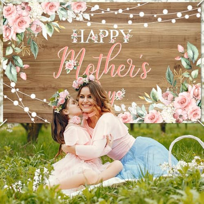 Avezano Happy Mother's Day Banner Floral Wood Mothers Day Backdrop Happy Mothers Day Party Decorations Thanks Mother's Day Photo Booth Props 6x3.6ft