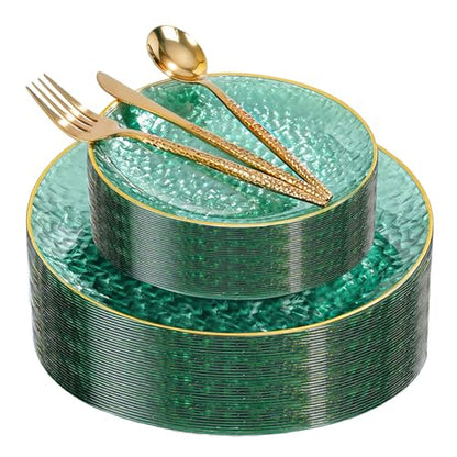 I00000 150Pcs Clear Green Plastic Plates with Gold Rim,Green Disposable Plates,Clear hammer patterned plates Set include 30 Dinner Plate,30 Dessert Plate,90 plastic Silverware Set for Party - color: Clear Green