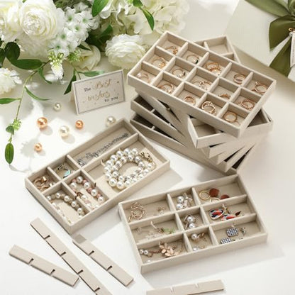 Highergo 8 Pcs Velvet Jewelry Trays Stackable Drawers Organizer Ring Earring Bracelet Necklace Storage Trays, 8.3x4.7x1''(15 Grids) - style: 15 Grids