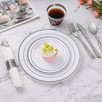 Goodluck 100 Pack Pre Rolled Silver Plastic Silverware, Wrapped Plastic Cutlery Set with Napkin Include 100 Forks, 100 Knives, 100 Spoons and 100 Napkins, Disposable Silverware for Party, Wedding - size: 100pc, style: Silver