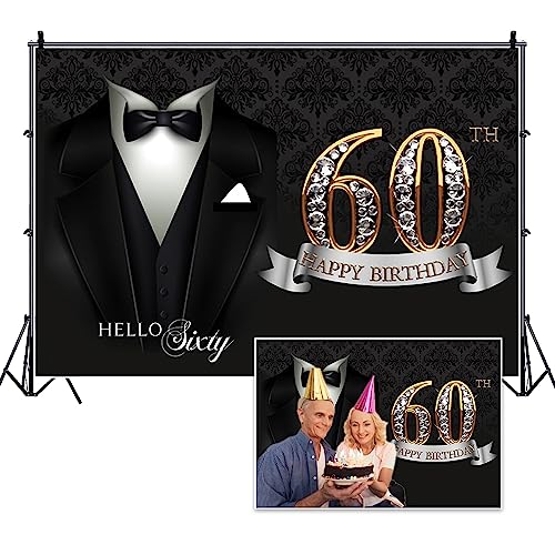 5x3ft Men 60th Birthday Backdrop Black Necktie Suit Tuxedo Diamonds Gold 60th Happy Birthday Photography Background Hello Sixty Birthday Party Supplies Cake Table Banner Photo Booth Props - color: black gold 60, size: 5x3ft