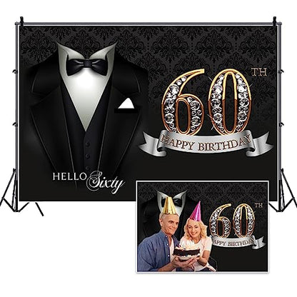 5x3ft Men 60th Birthday Backdrop Black Necktie Suit Tuxedo Diamonds Gold 60th Happy Birthday Photography Background Hello Sixty Birthday Party Supplies Cake Table Banner Photo Booth Props - color: black gold 60, size: 5x3ft