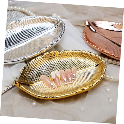 Ceramic Jewelry Organizer Tray Gold Leaf Design Nail Art Display Plate Jewelry Storage Holder Decorative Desktop Photo Prop for Vanity and Dressing Table